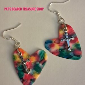 Multicolor Heart Earrings with Cross Charm